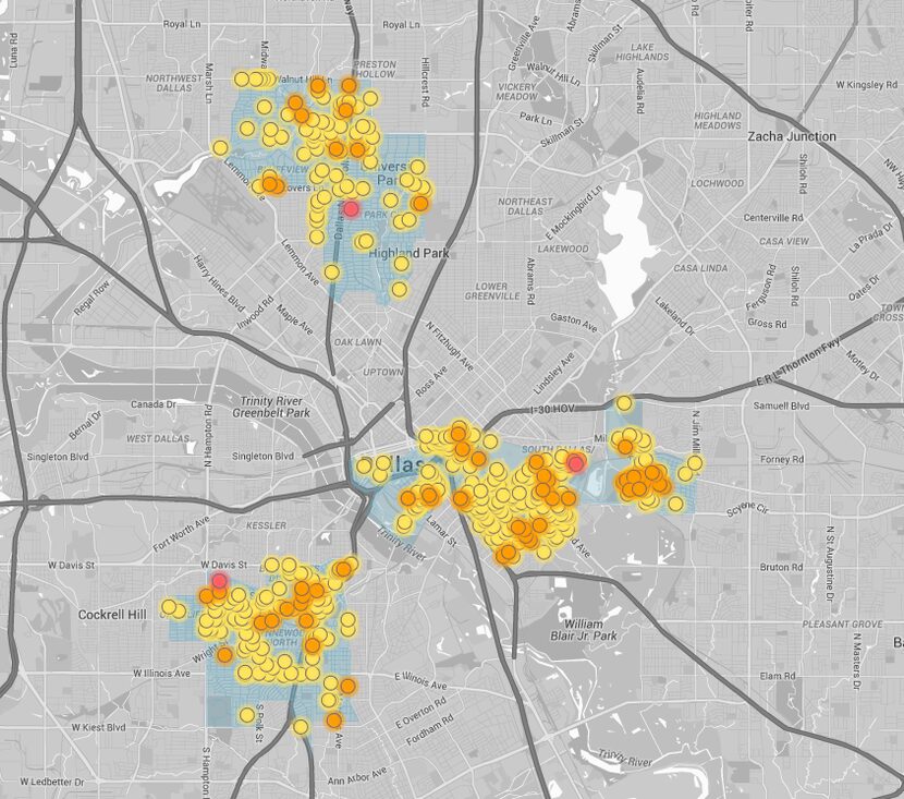  Clusters of natural gas leaks in selected Dallas neighborhoods. Yellow dots are low, orange...