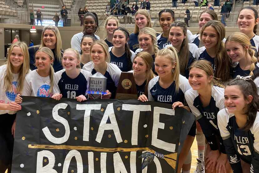 The Keller volleyball team celebrates a four-set win over Prosper in the Class 6A Region I...