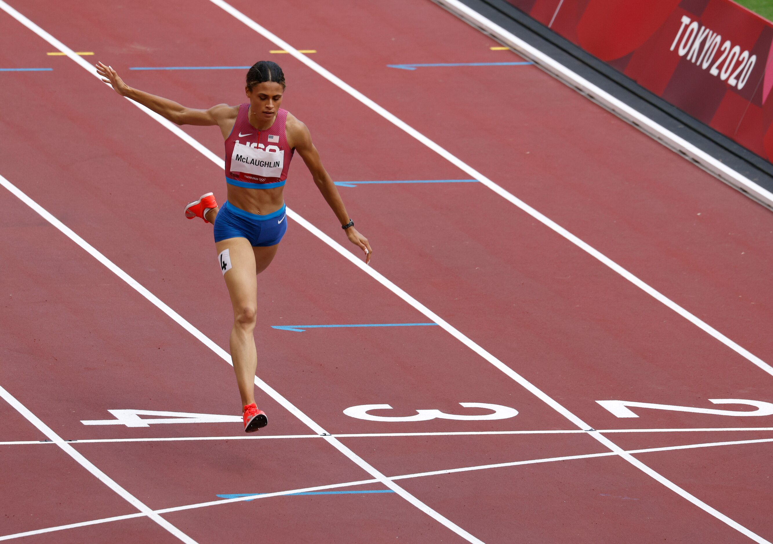 USA’s Sydney McLaughlin crosses the finish line first in the women’s 400 meter hurdles final...