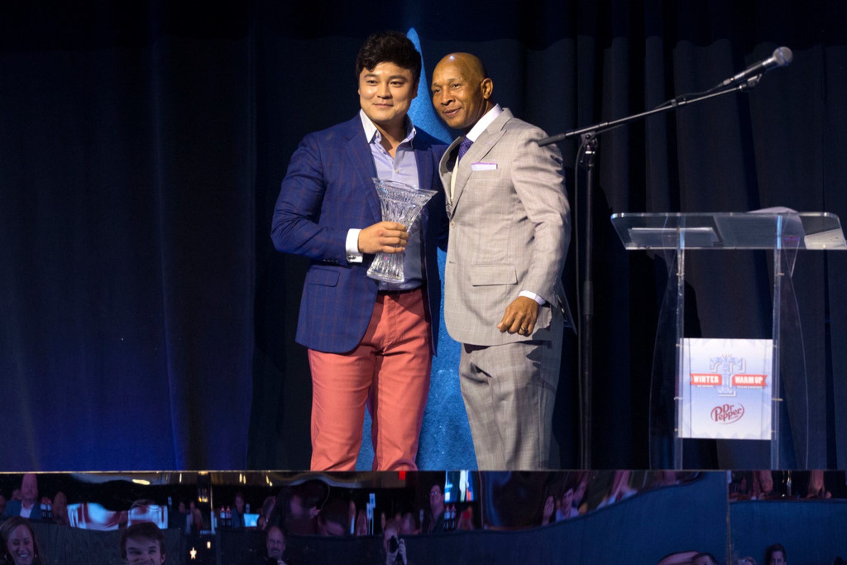 Texas Rangers outfielder Shin-Shoo Choo, left, poses with Tony Beasley, Texas Rangers third...