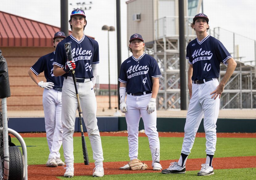 (From left) Allen baseball pitchers Chandler Hart, Brady Coe and Isaac Gammel watch a...