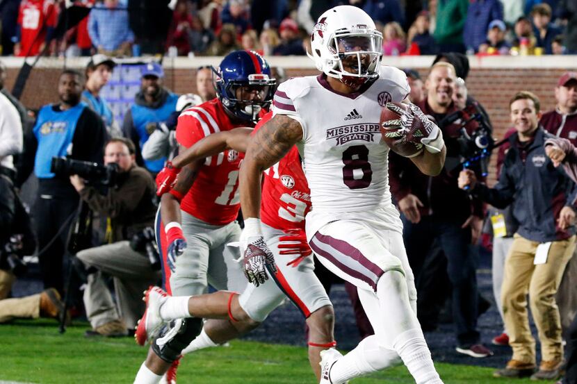 FILE - In this Saturday, Nov. 26, 2016 file photo, Mississippi State wide receiver Fred Ross...