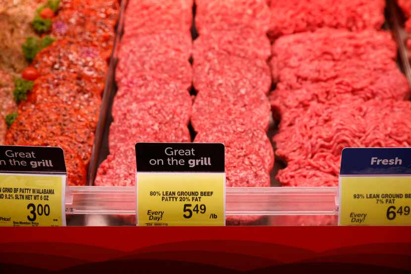 USDA Choice ground beef is displayed in a cooler at the Tom Thumb grocery store on Live Oak...