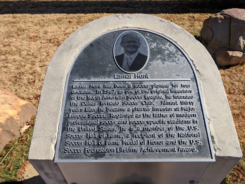 The Lamar Hunt marker in the Texas Soccer Walk of Fame.