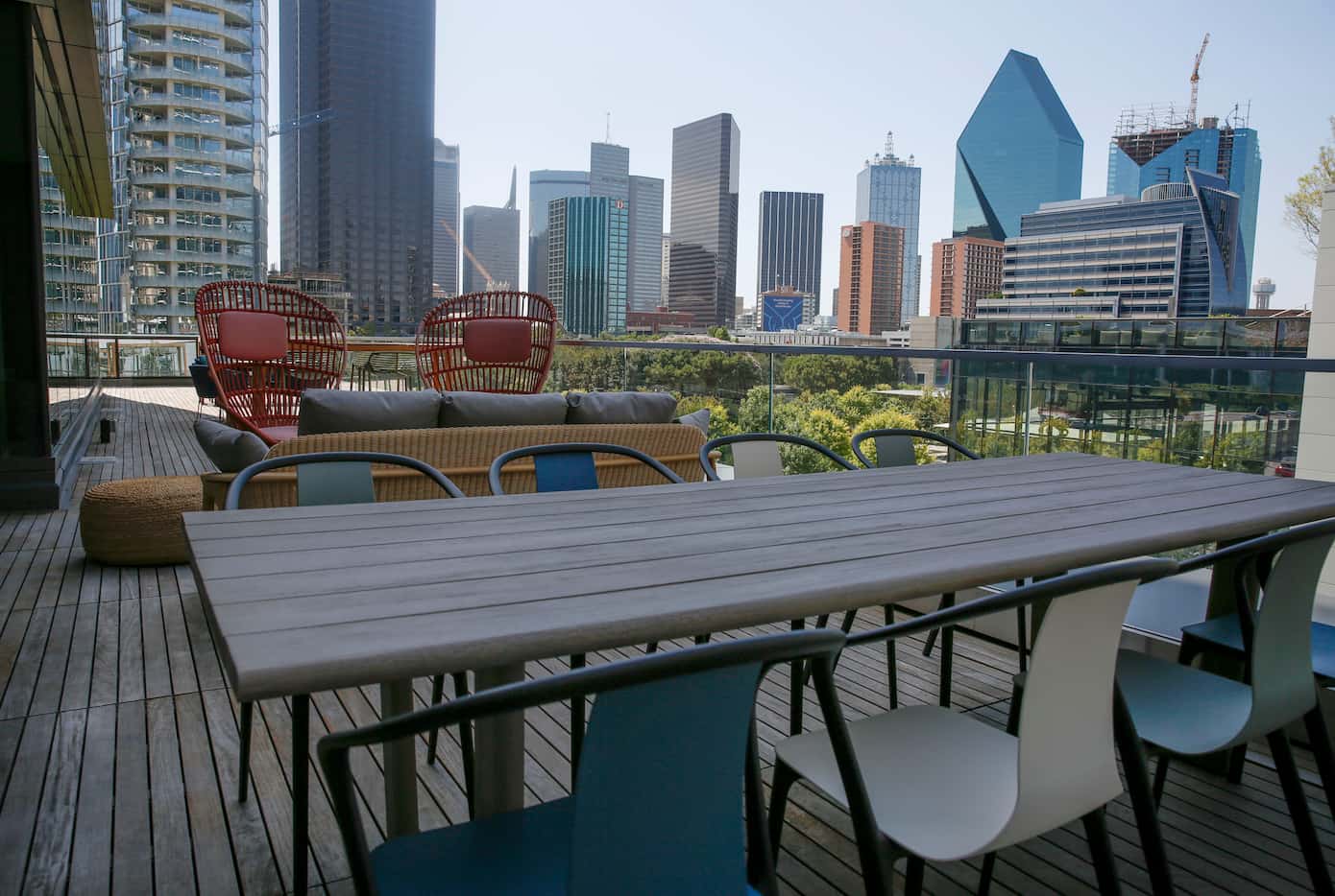 Hana's outdoor coworking space with a view of downtown Dallas.