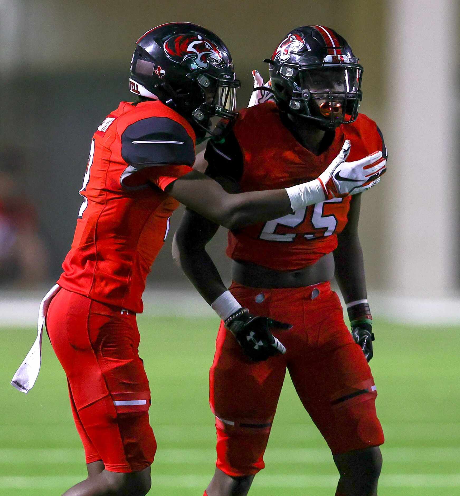 Denton Braswell linebacker Bryce Montgmery (25) and defensive back Dylan Smith (2) celebrate...