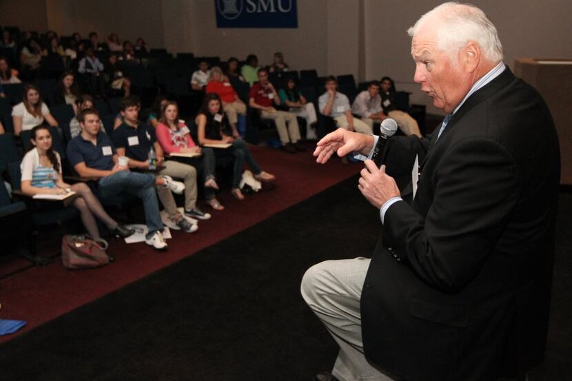 Dale Hansen, a sportscaster for WFAA TV, talks to students during the 20th Annual Dallas...