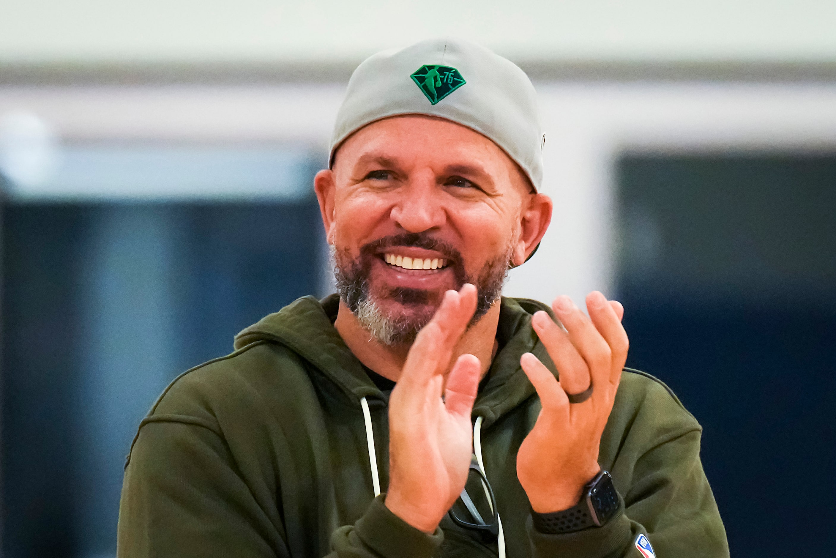 Dallas Mavericks head coach Jason Kidd watches as the team practices in preparation for Game...