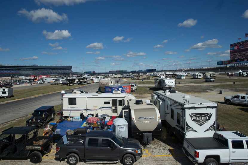 RVs and other vehicles fill the infield at the Texas Motor Speedway in Fort Worth.