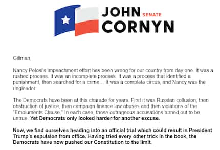 Cornyn campaign email from Jan. 23, 2020