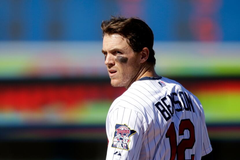 Minnesota Twins' Joe Benson plays in an exhibition spring training baseball game against the...