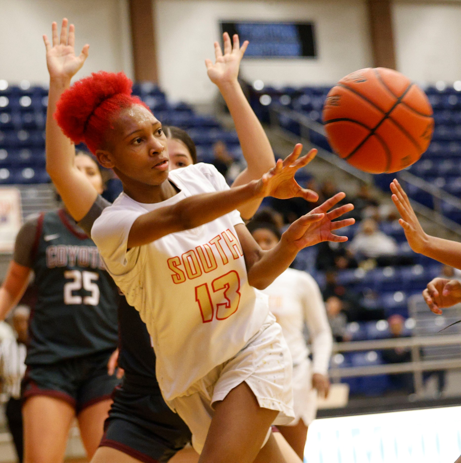 South Grand Prairie's Dalashia Friels (13) passes the ball during the second half of a high...