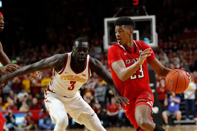 Texas Tech guard Jarrett Culver drives past Iowa State guard Marial Shayok, left, during the...