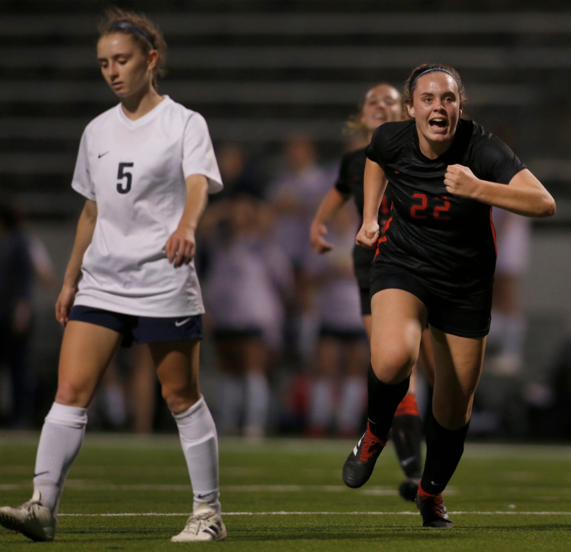 Coppell's Maya Ozymy (22) bolts across the field to congratulate teammate Jocelyn Alonzo...