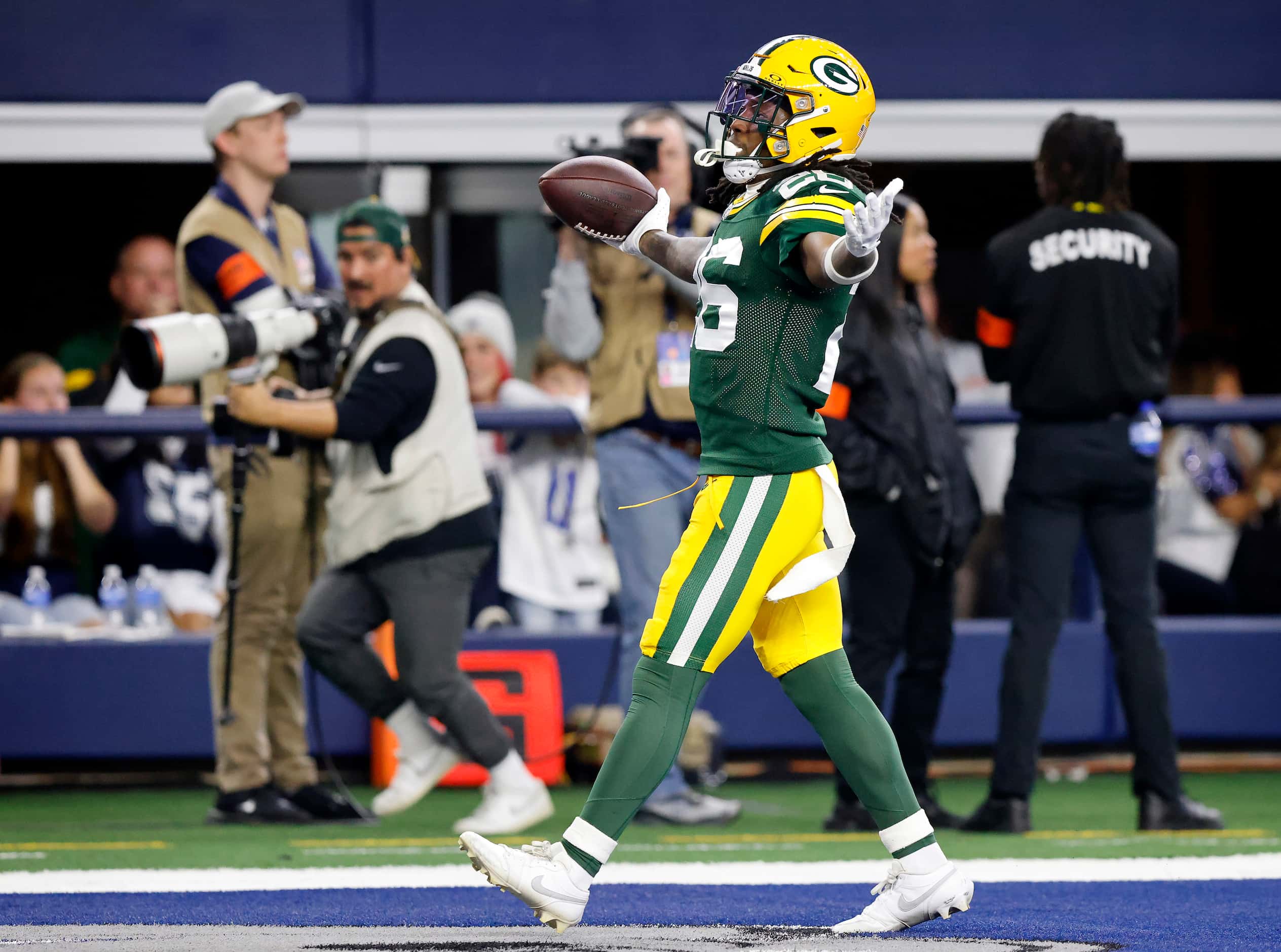 Green Bay Packers safety Darnell Savage (26) celebrates his touchdown run on a Dak Prescott...