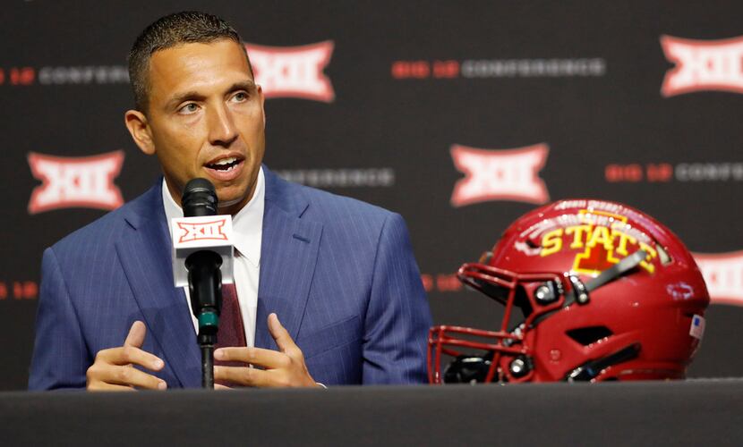 Iowa State head coach Matt Campbell speaks during Big 12 Conference NCAA college football...