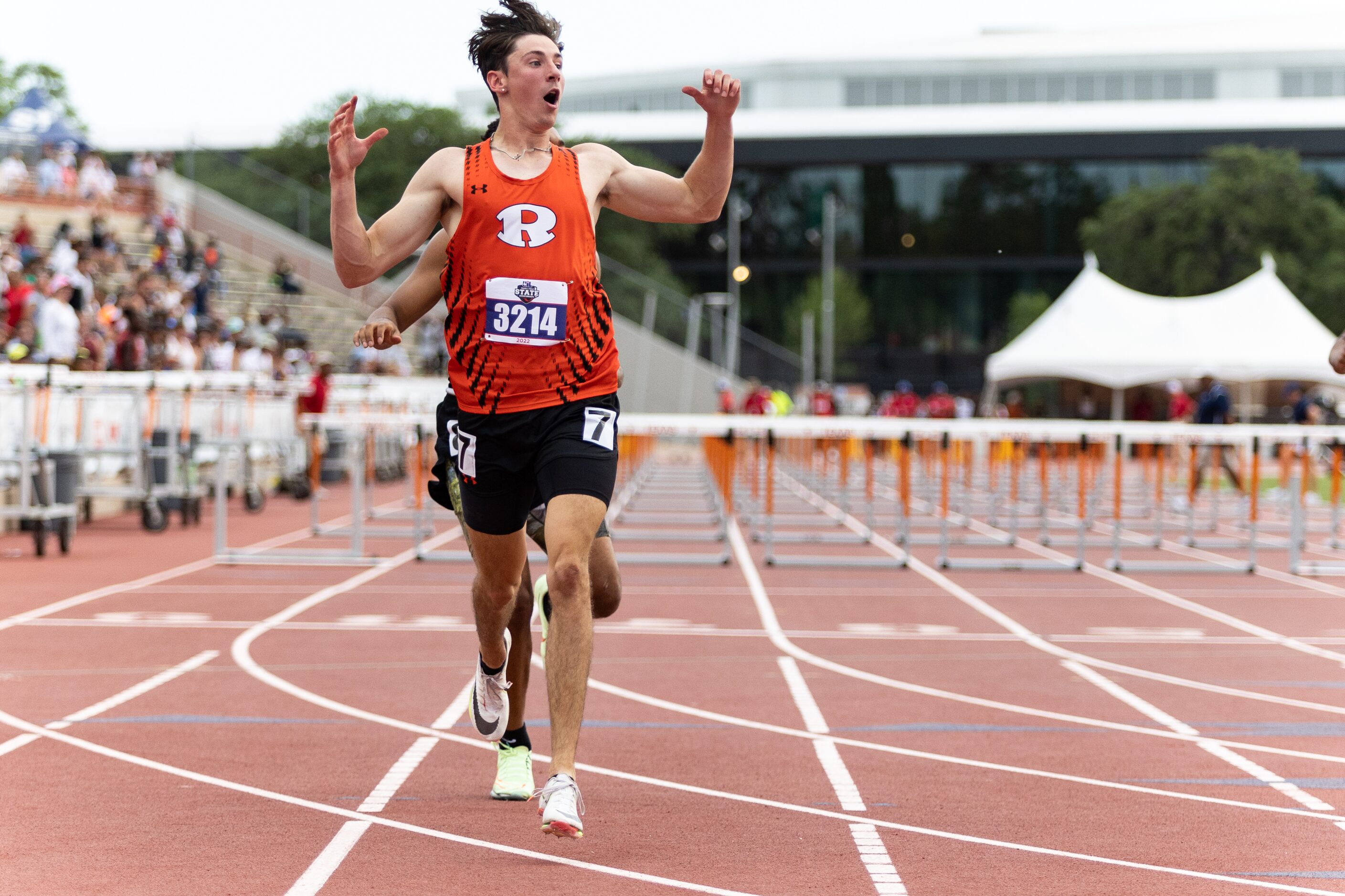 Samuel Alves of Rockwall reacts after the boys’ 110-meter hurdles at the UIL Track & Field...