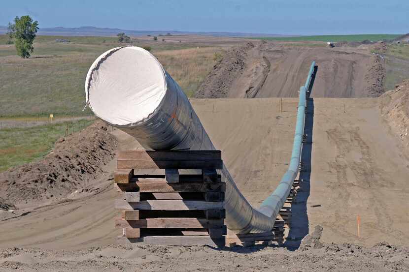 A 2016 photo shows a section of the Dakota Access Pipeline under construction near the town...