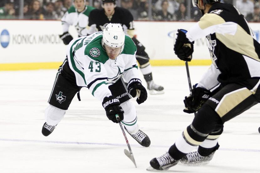 Valeri Nichushkin #43 of the Dallas Stars skates after a puck against the Pittsburgh...