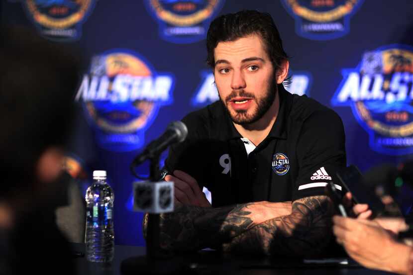 TAMPA, FL - JANUARY 27:  Tyler Seguin #91 of the Dallas Stars addresses the media during...