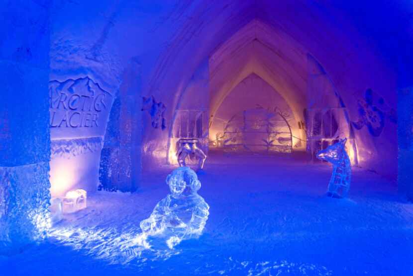 Sculptures carved from ice grace the Grand Hall at Hôtel de Glace.  Much of the art here is...