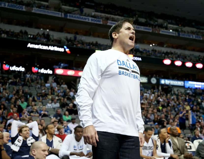 Dallas Mavericks owner Mark Cuban argues a call in the second half of NBA Basketball action...