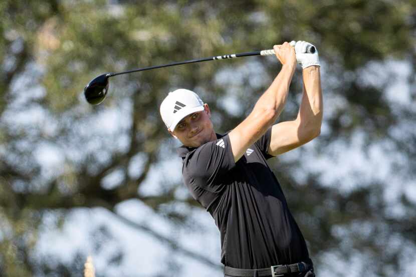 Ludvig Aberg, of Sweden, watches his drive off the seventh tee during the final round of the...