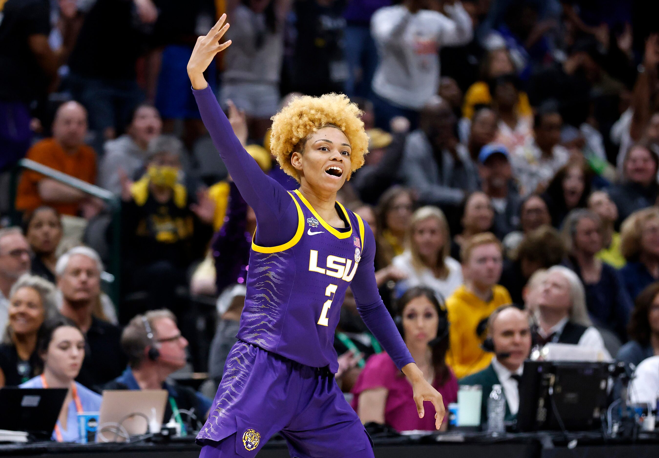 LSU Lady Tigers guard Jasmine Carson (2) reacts after hitting a three-pointer against the...