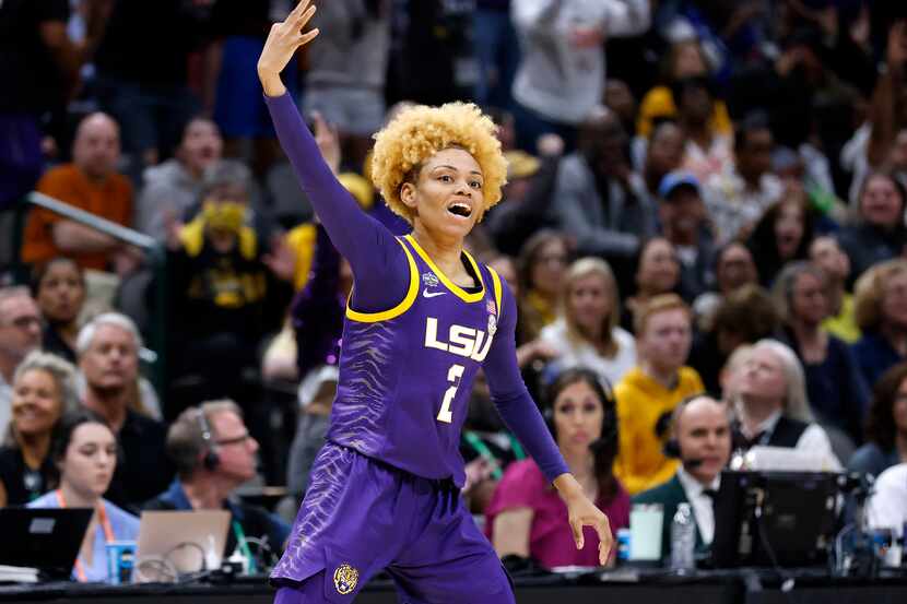 LSU Lady Tigers guard Jasmine Carson (2) reacts after hitting a three-pointer against the...