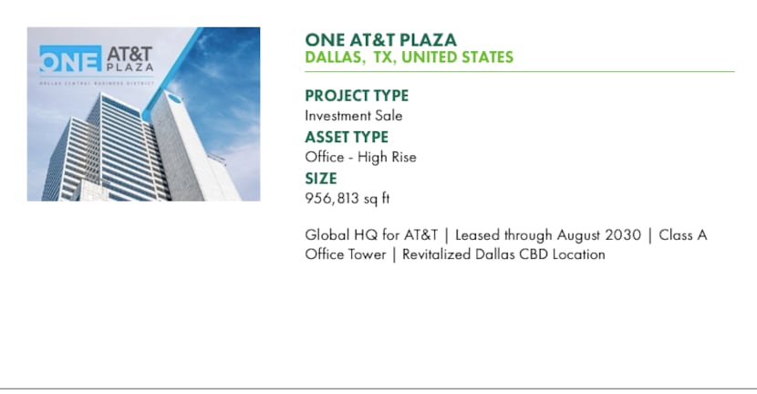 CBRE is advertising the AT&T tower for sale to investors on its marketing website.