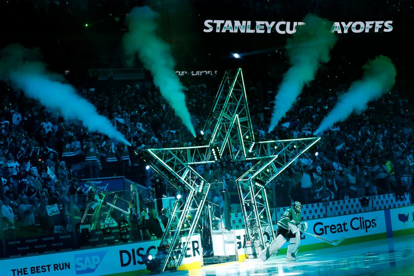 Dallas Stars goaltender Ben Bishop (30) takes the ice to face the St. Louis Blues during...