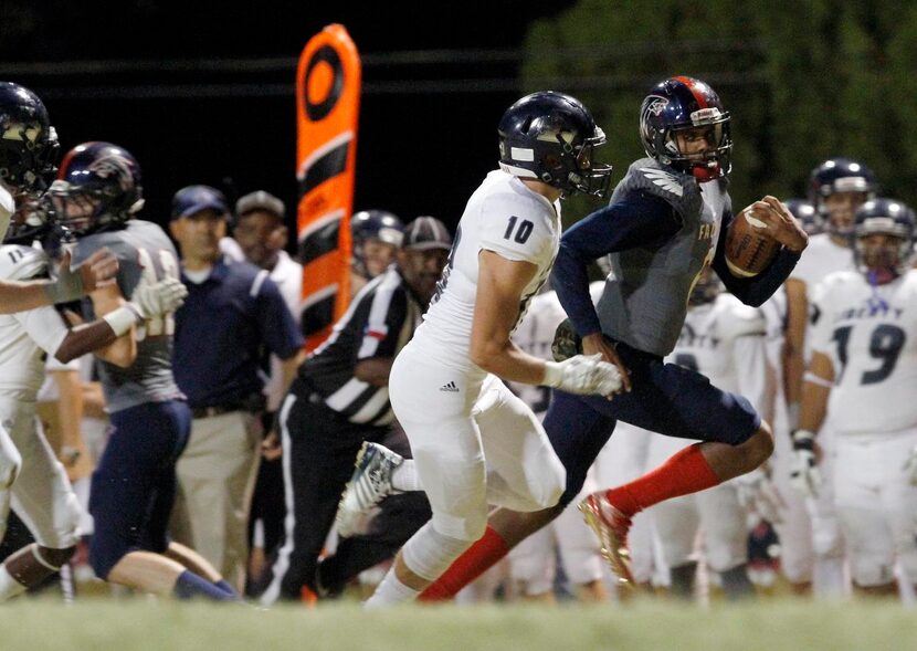 
Caleb Evans outruns Argyle Liberty Christian senior linebacker Nick Horton this year. Evans...