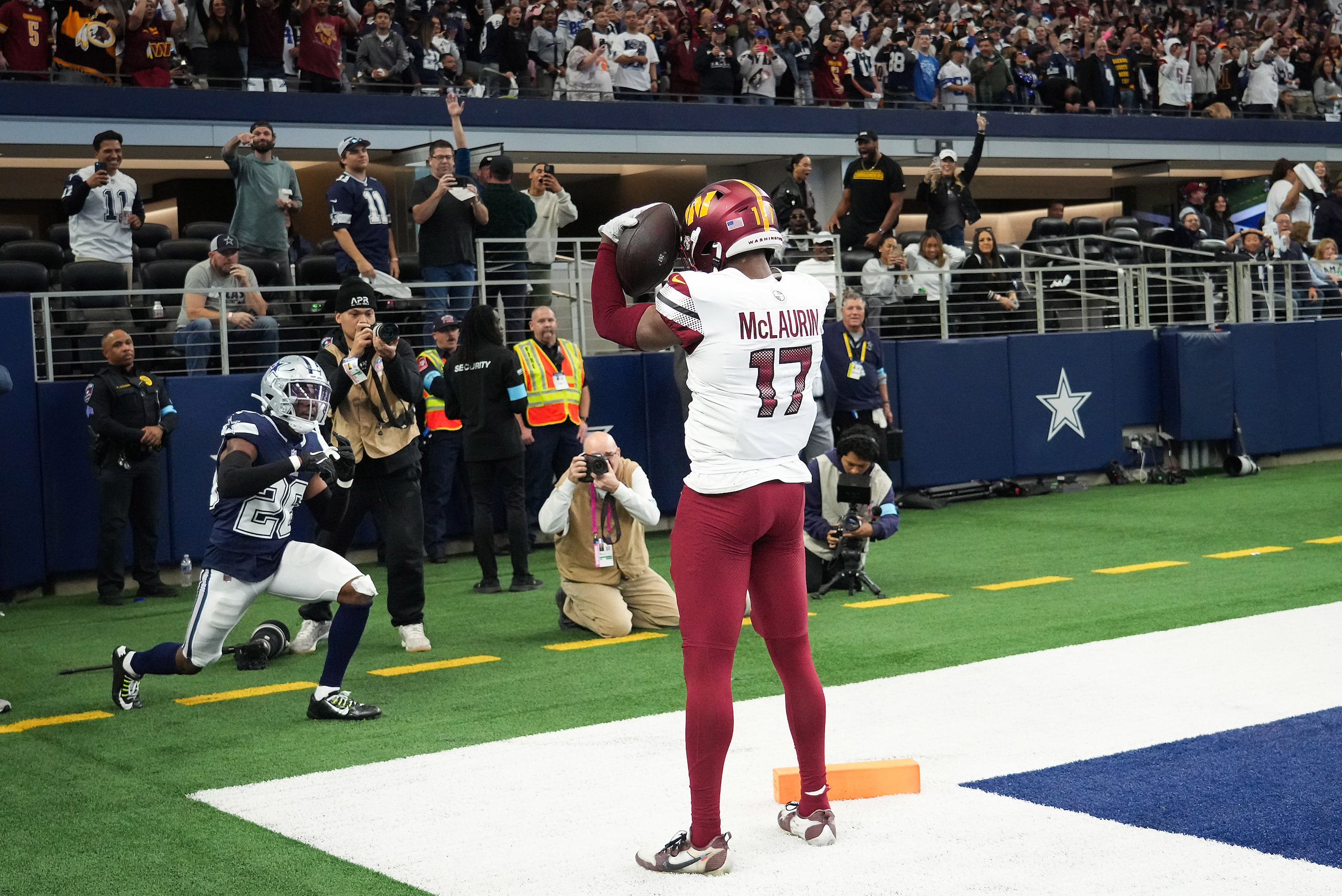 Washington Commanders wide receiver Terry McLaurin (17) celebrates after catching a 2-yard...