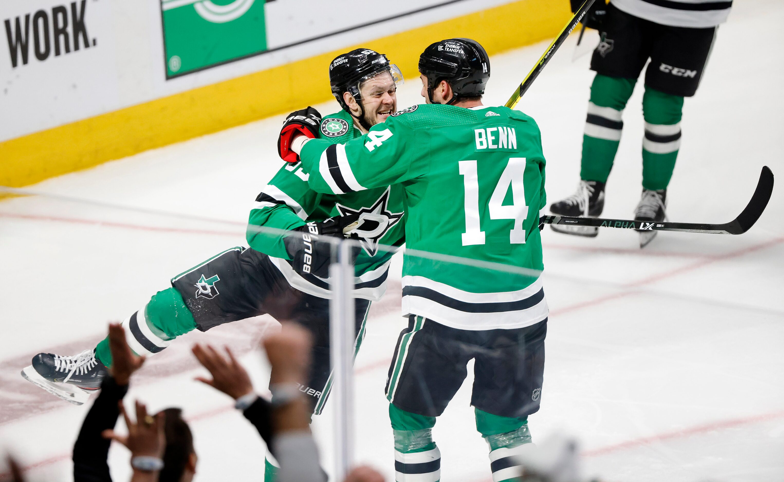 Dallas Stars right wing Evgenii Dadonov (63) is congratulated on his second period goal by...