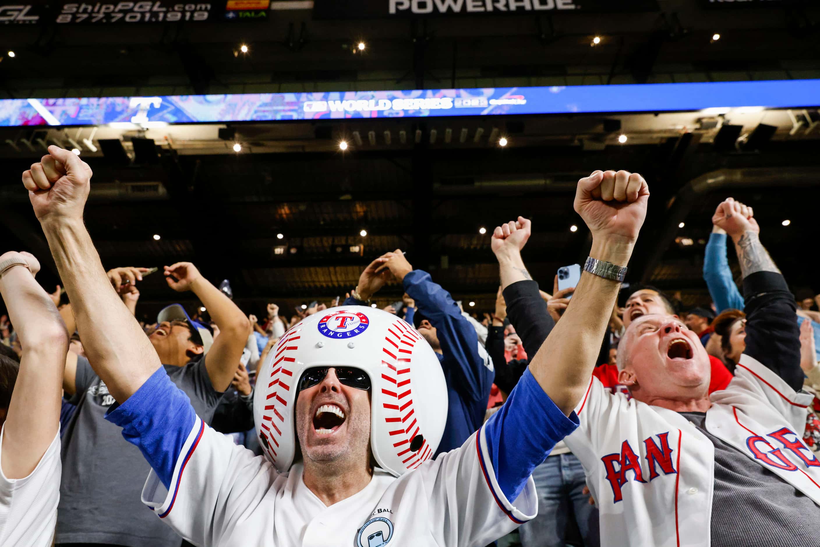 Texas Rangers fans cheer following Texas Rangers’ winning the World Series in five games...