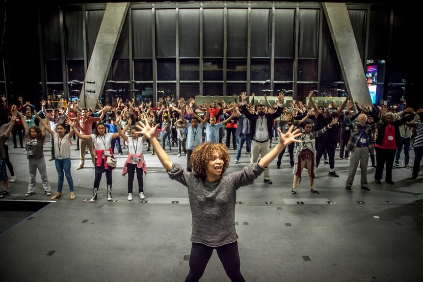 Assistant choreographer Mayte Natalio rehearses with the cast of "The Tempest," the launch...