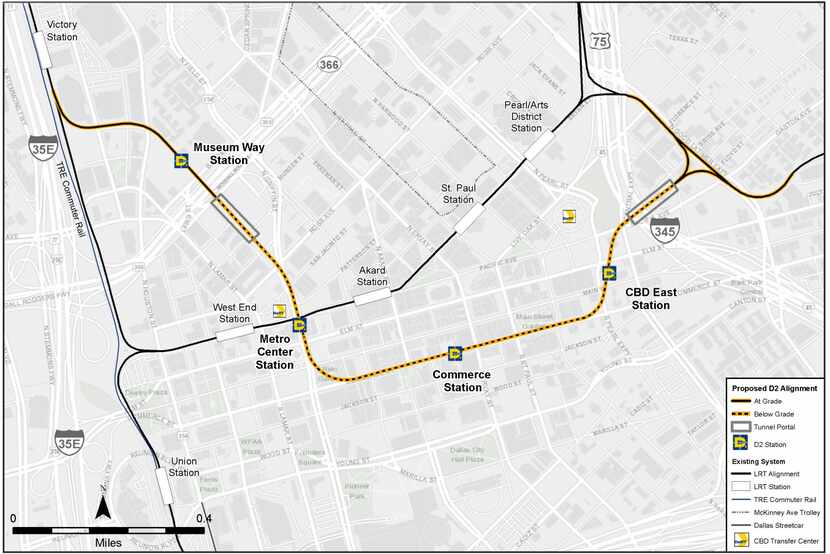 The latest DART map shows D2 coming to street level long after it passes under Interstate...