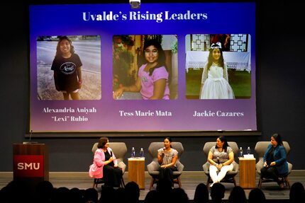 Kimberly Rubio, mother of Uvalde shooting victim Lexi Rubio, second from left, speaks during...