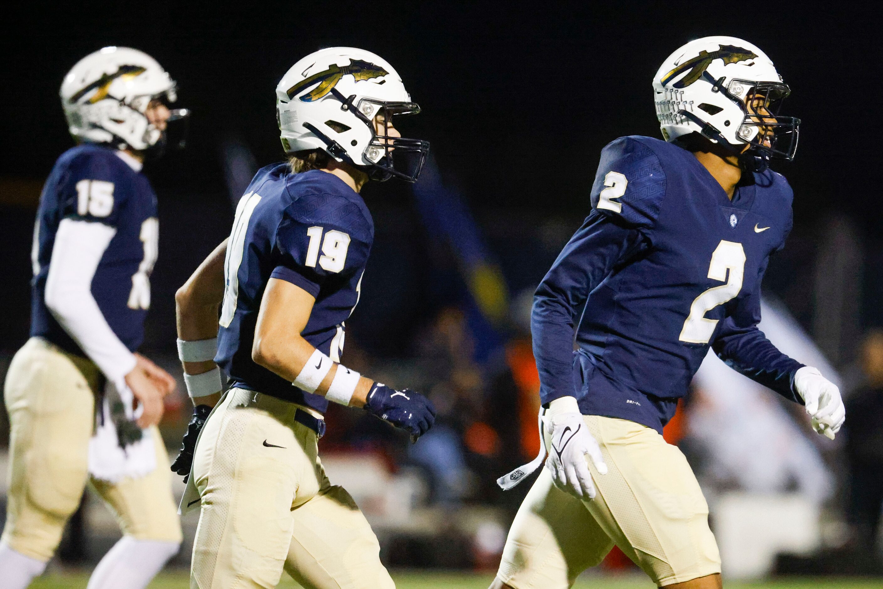 Keller high’s Tre’ Griffiths exits the field against Haltom high during the second half of a...