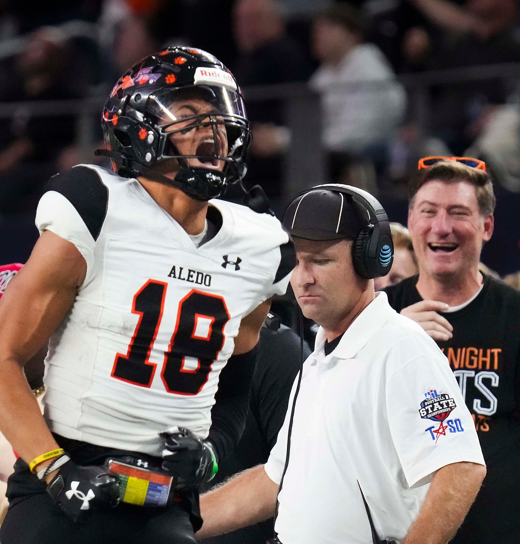 Aledo wide receiver Kaydon Finley celebrates after scoring on a 73-yard touchdown reception...