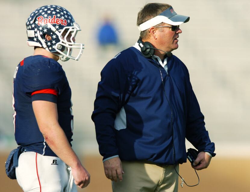 Ryan head coach Joey Florence on the sidelines against Fossil Ridge, Saturday, November 30,...