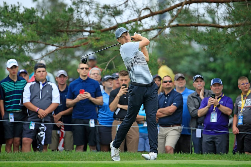 DUBLIN, OHIO - MAY 30: Jordan Spieth hits his tee shot on the 11th hole during the first...