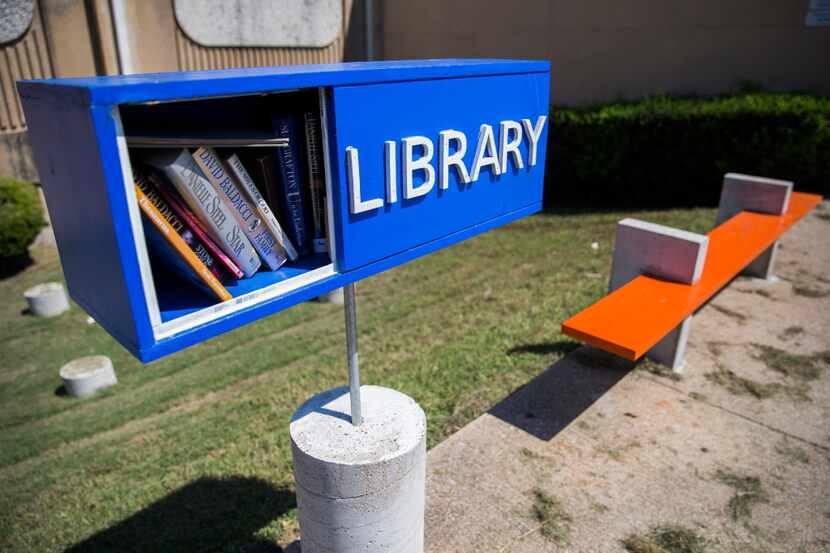 A little free library sits outside Moorland Family YMCA in Dallas. 
