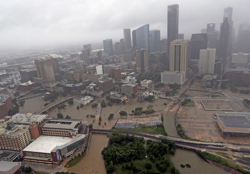 Highways around downtown Houston are empty as floodwaters from Tropical Storm Harvey...