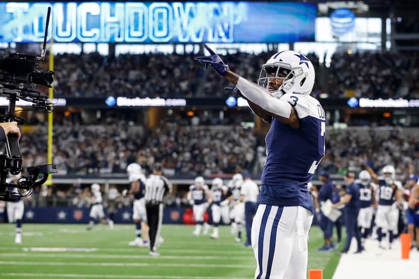 Dallas Cowboys wide receiver Brandin Cooks (3) celebrates his second quarter touchdown...