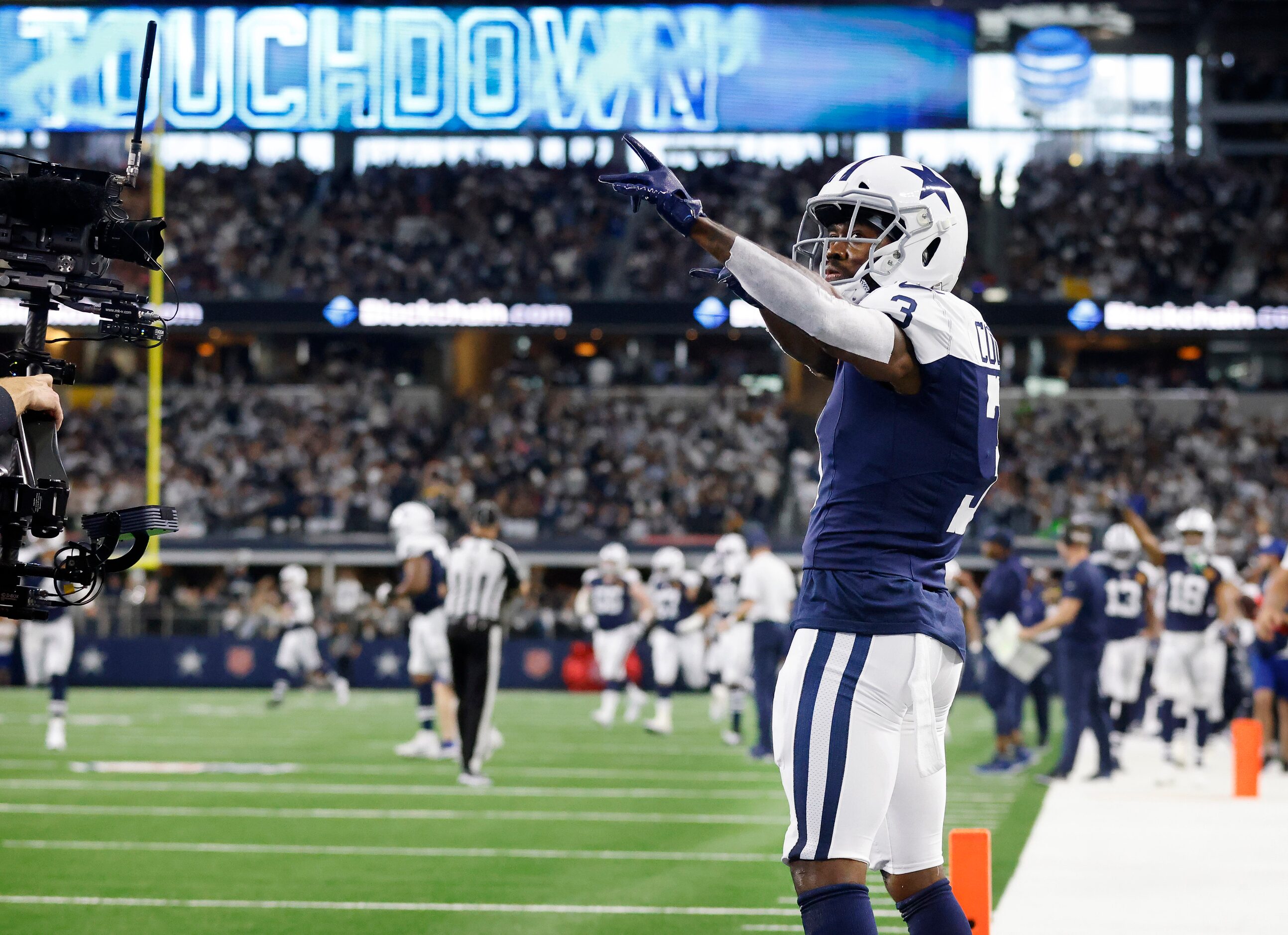 Dallas Cowboys wide receiver Brandin Cooks (3) celebrates his second quarter touchdown...