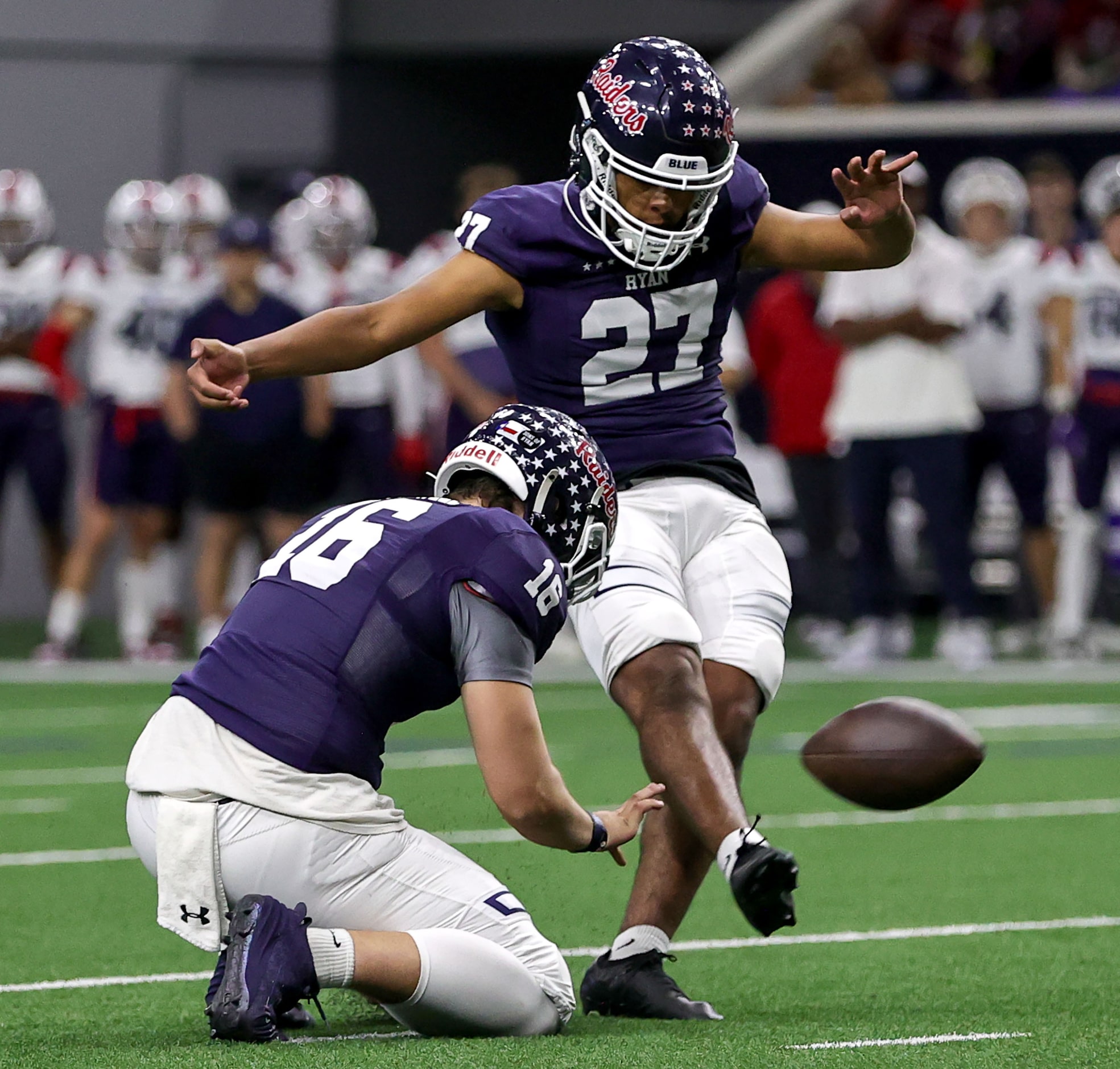 Denton Ryan kicker Daniel Rodriguez (27) attempts a field goal against Richland during the...