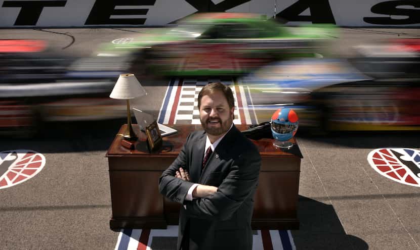 Texas Motor Speedway president Eddie Gossage was photographed at his desk on the...