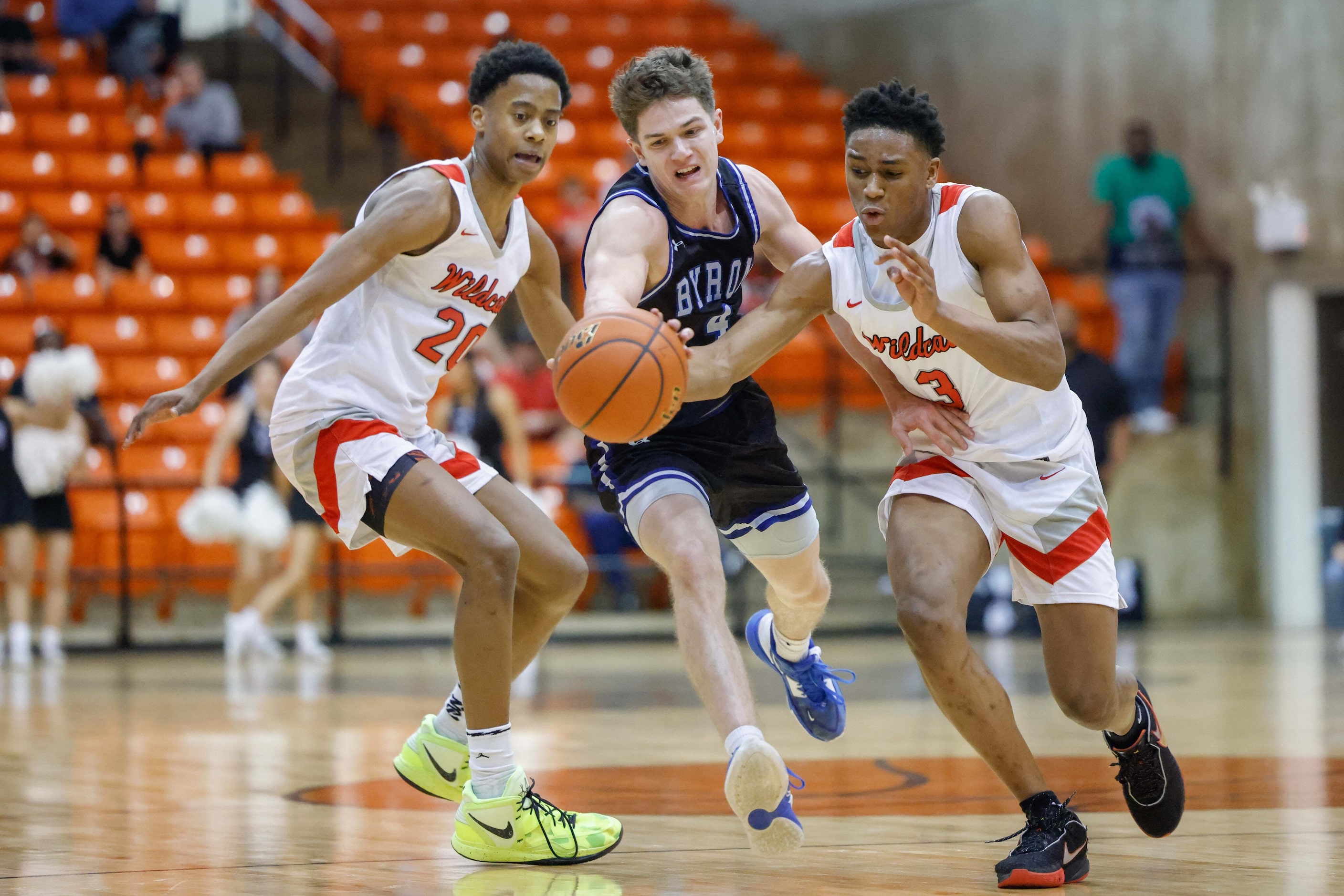 Byron Nelson High School' Jonah Breeden (4) loses the ball to Lake Highlands High School's...