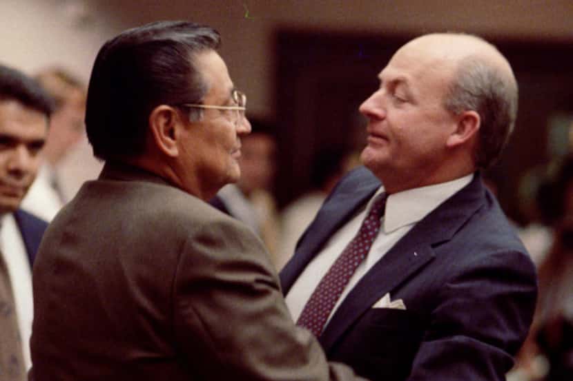 Walker Railey (right) hugged attorney Roy Barrera Sr. after a San Antonio jury acquitted...